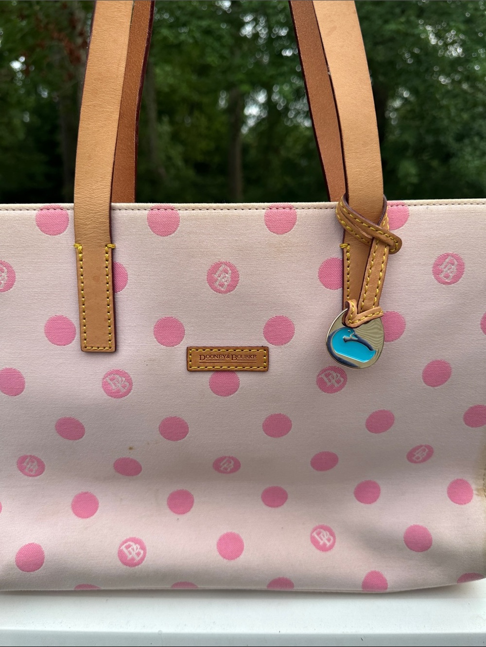 Dooney & Bourke East/West Pink Polka Dot Tote Bag with Tan Straps - Picture 3 of 15